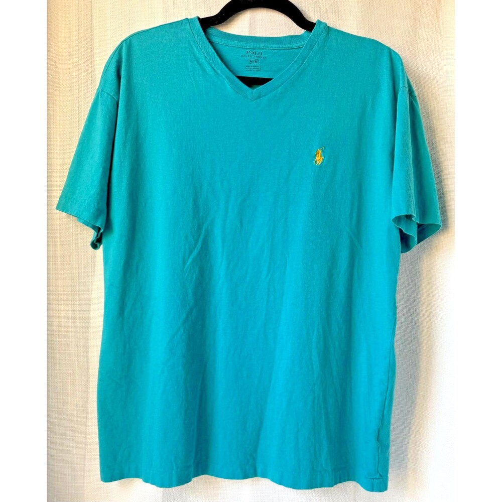 Polo Ralph Lauren VNeck Tshirt Men's Size Medium Teal W/Yellow Pony Horse Cotton